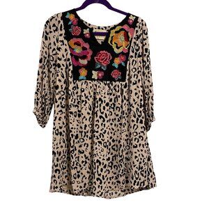Savanna Jane Floral Embroidery Cheetah Print Boho Dress‎ Size S